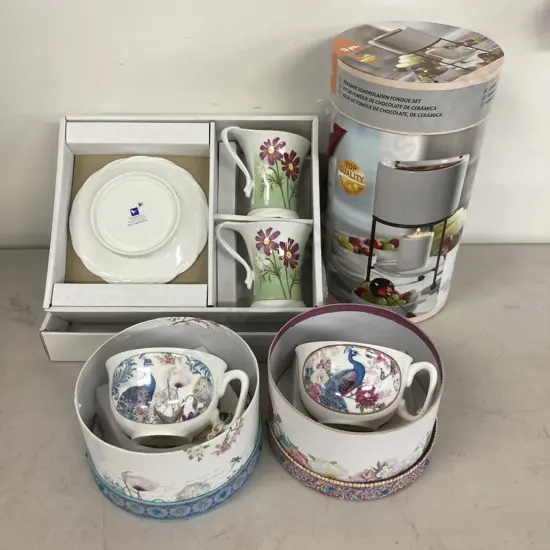New Boxed Cup & Saucer Sets & 12 Piece White Ceramic Fondue Set