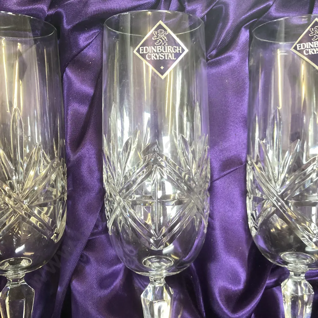 Vintage Edinburgh Crystal Hand Cut Champagne Flutes, Boxed Image 1++