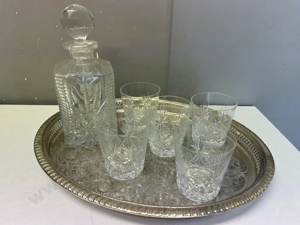 Vintage Crystal Decanter & Five Tumblers On Silverware Tray Image 1++