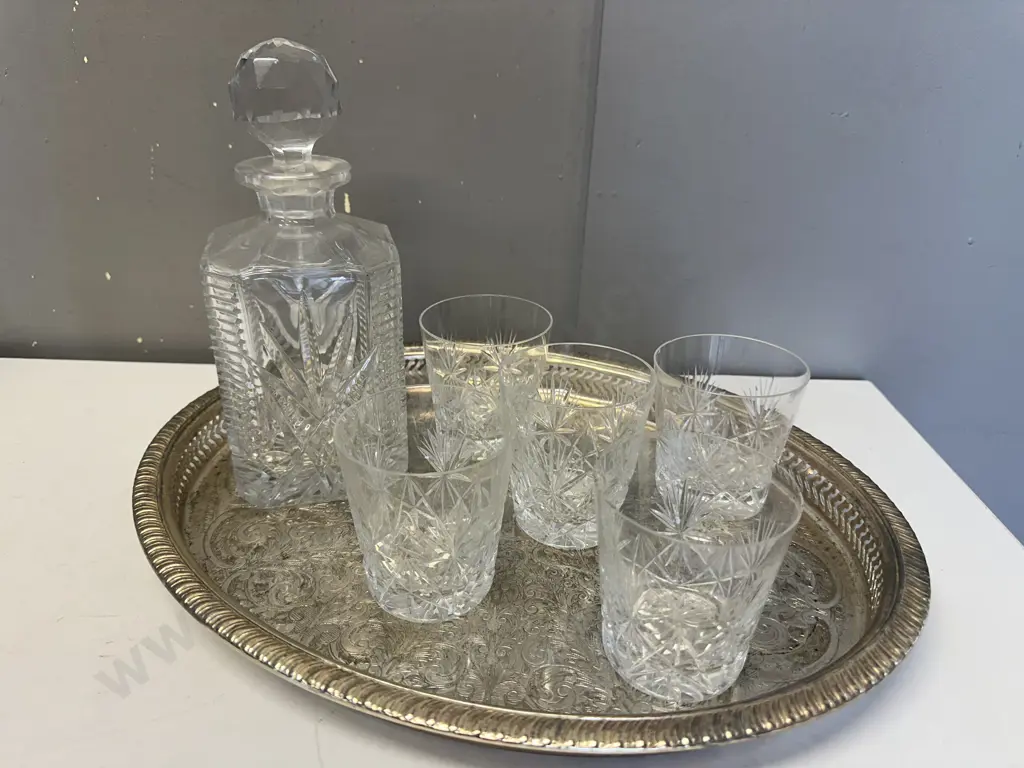 Vintage Crystal Decanter & Five Tumblers On Silverware Tray Image 1++