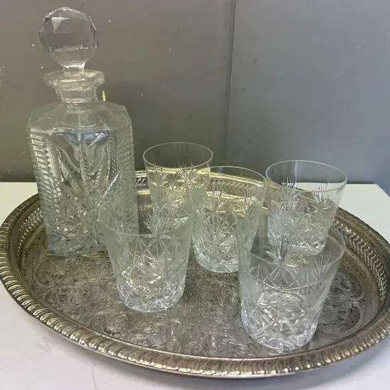 Vintage Crystal Decanter & Five Tumblers On Silverware Tray