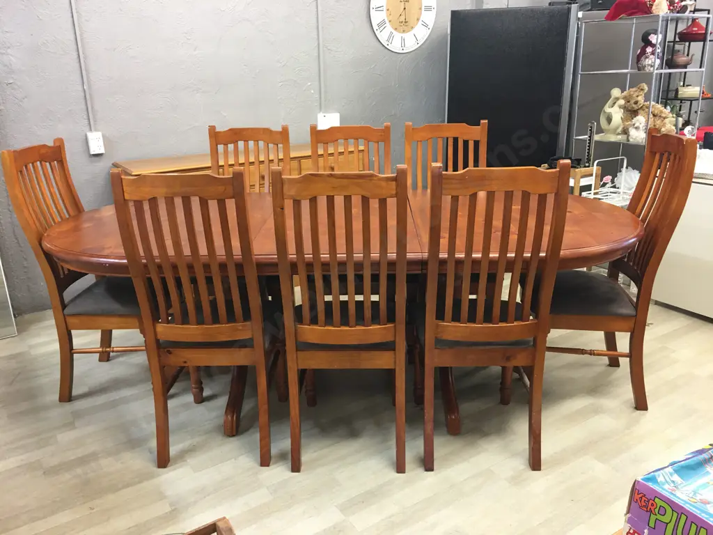 Pine Oval Extension Table H77 W179 D110cm With 8 Wooden Slat Back Microsuede Dining Chairs Image 1++