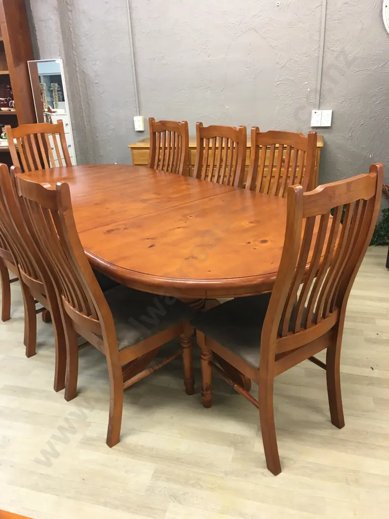 Pine Oval Extension Table H77 W179 D110cm With 8 Wooden Slat Back Microsuede Dining Chairs Image 1++