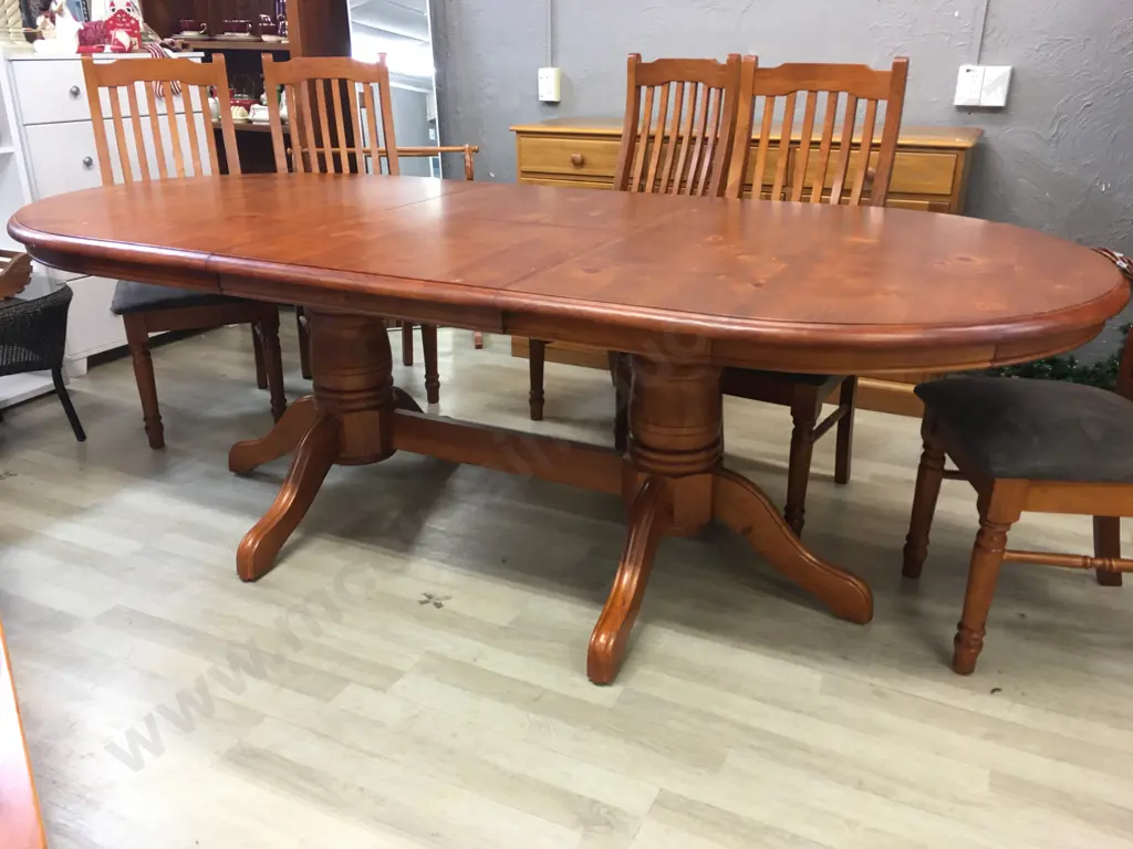 Pine Oval Extension Table H77 W179 D110cm With 8 Wooden Slat Back Microsuede Dining Chairs Image 1++