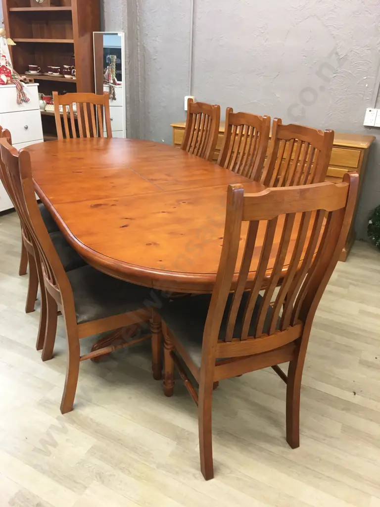 Pine Oval Extension Table H77 W179 D110cm With 8 Wooden Slat Back Microsuede Dining Chairs Image 1++