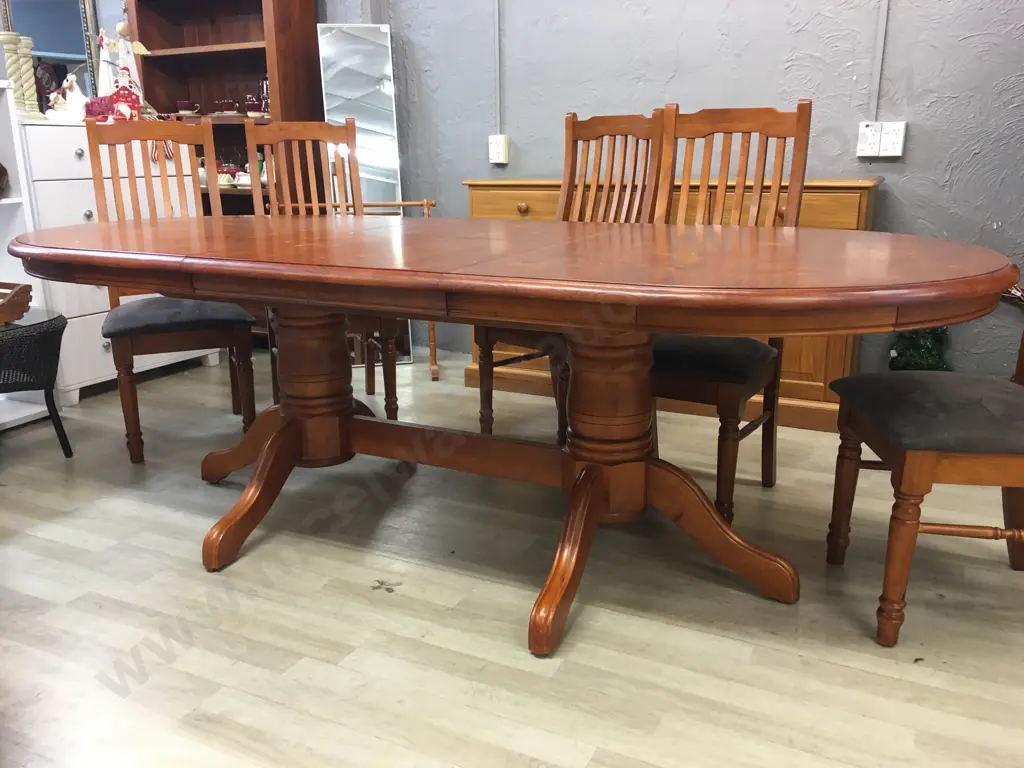 Pine Oval Extension Table H77 W179 D110cm With 8 Wooden Slat Back Microsuede Dining Chairs Image 1++