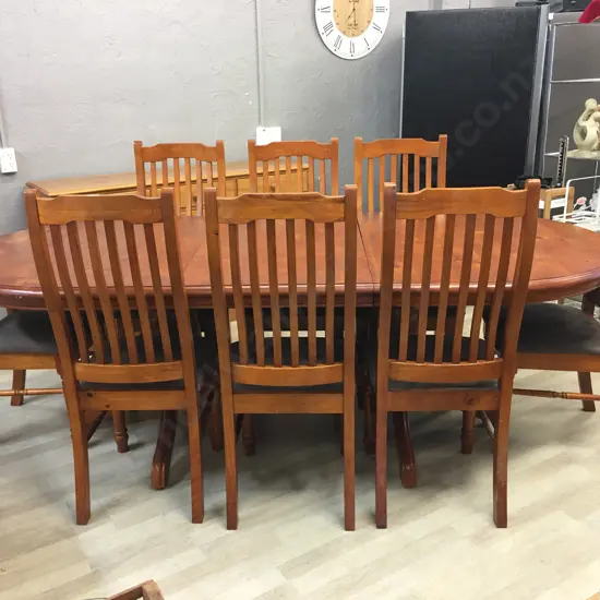 Pine Oval Extension Table H77 W179 D110cm With 8 Wooden Slat Back Microsuede Dining Chairs
