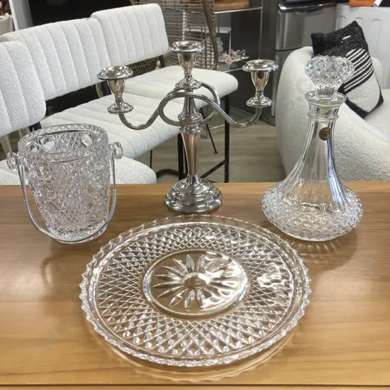 Cristal d'arques Decanter, Crystal Tray & Ice Bucket With Silverware Candleabra