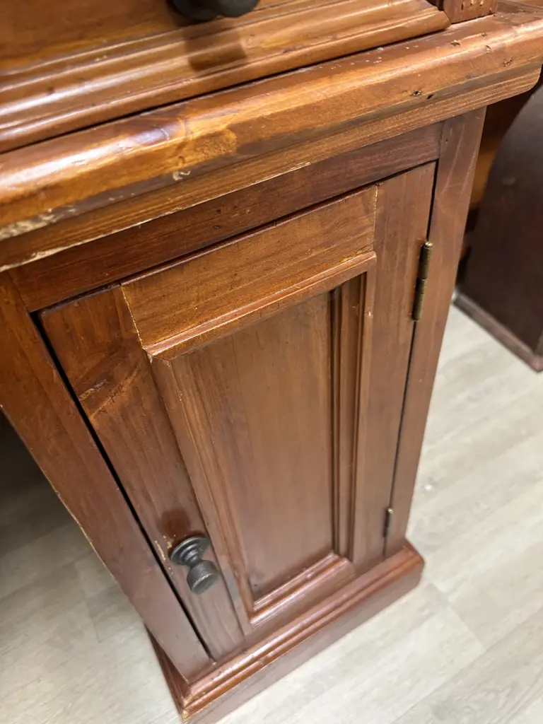 5 Drawer Bankers Desk Rustic Solid Recycled Timber, Leather Writing Surface, Black Wrought Handles. H85 W155 D80cm Image 1++