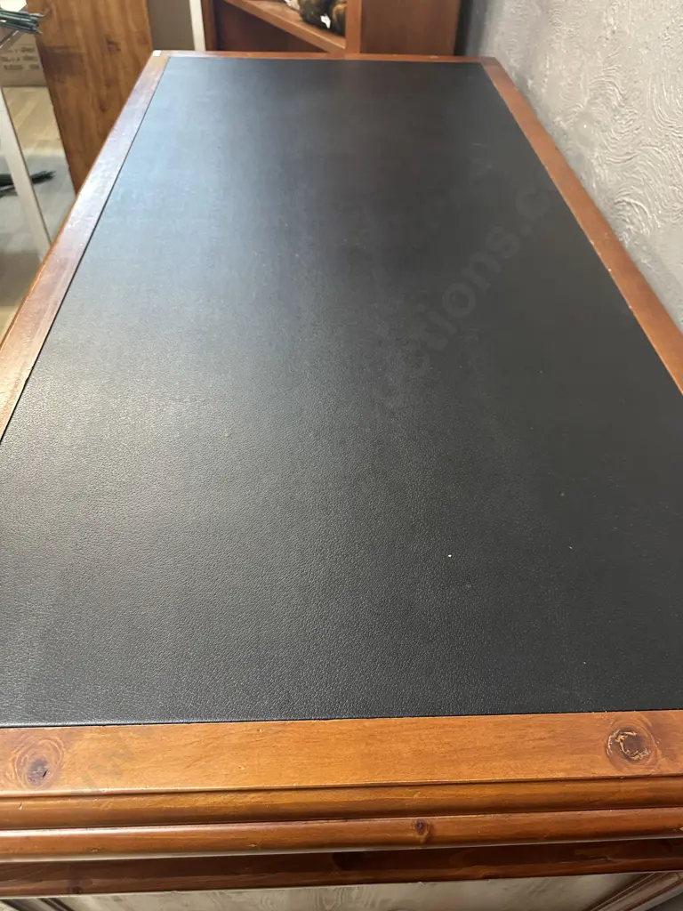 5 Drawer Bankers Desk Rustic Solid Recycled Timber, Leather Writing Surface, Black Wrought Handles. H85 W155 D80cm Image 1++