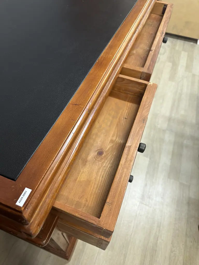 5 Drawer Bankers Desk Rustic Solid Recycled Timber, Leather Writing Surface, Black Wrought Handles. H85 W155 D80cm Image 1++