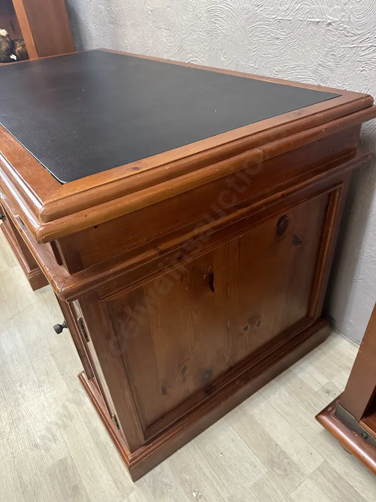 5 Drawer Bankers Desk Rustic Solid Recycled Timber, Leather Writing Surface, Black Wrought Handles. H85 W155 D80cm Image 1++