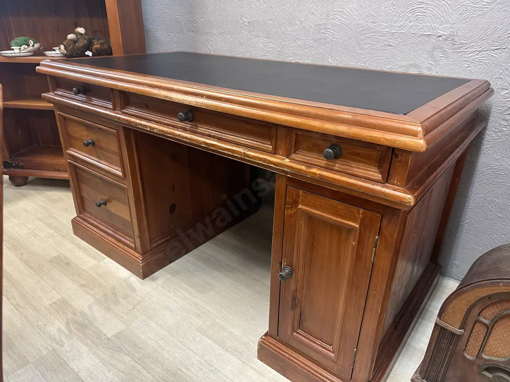 5 Drawer Bankers Desk Rustic Solid Recycled Timber, Leather Writing Surface, Black Wrought Handles. H85 W155 D80cm Image 1++