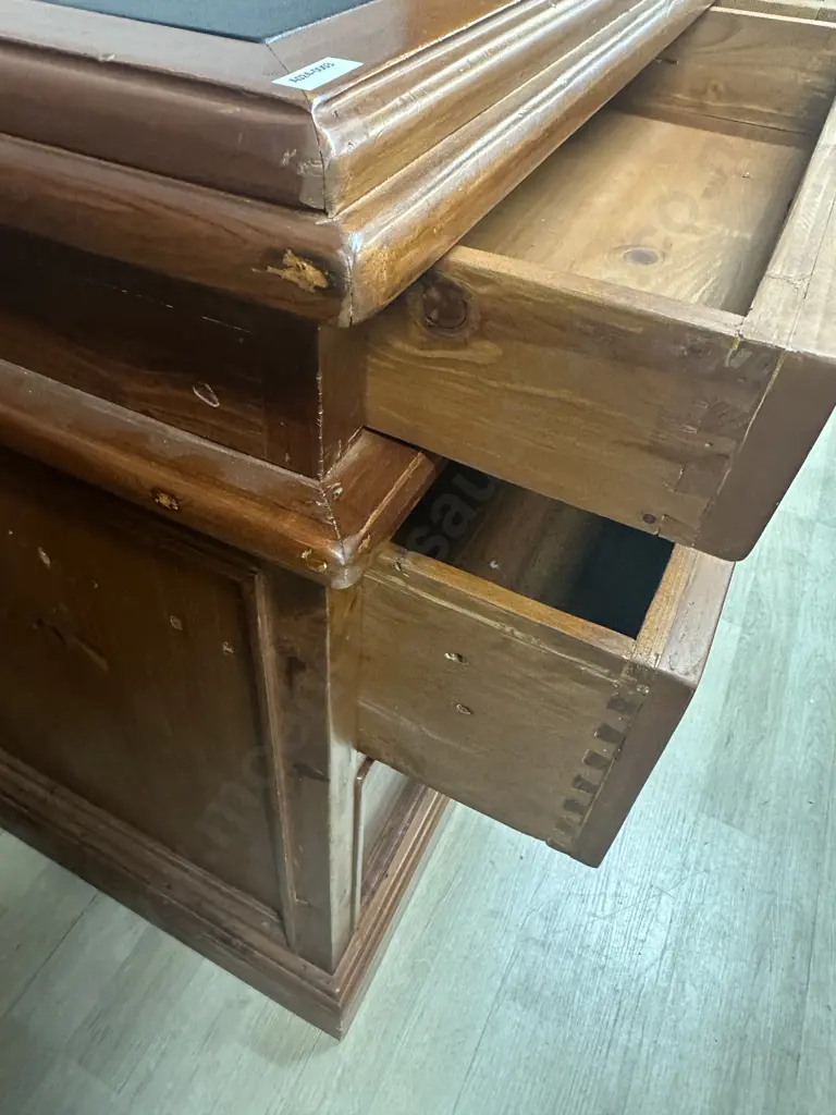 5 Drawer Bankers Desk Rustic Solid Recycled Timber, Leather Writing Surface, Black Wrought Handles. H85 W155 D80cm Image 1++