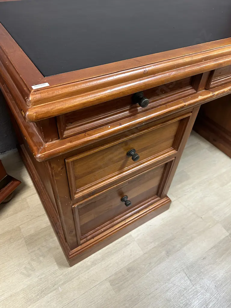 5 Drawer Bankers Desk Rustic Solid Recycled Timber, Leather Writing Surface, Black Wrought Handles. H85 W155 D80cm Image 1++