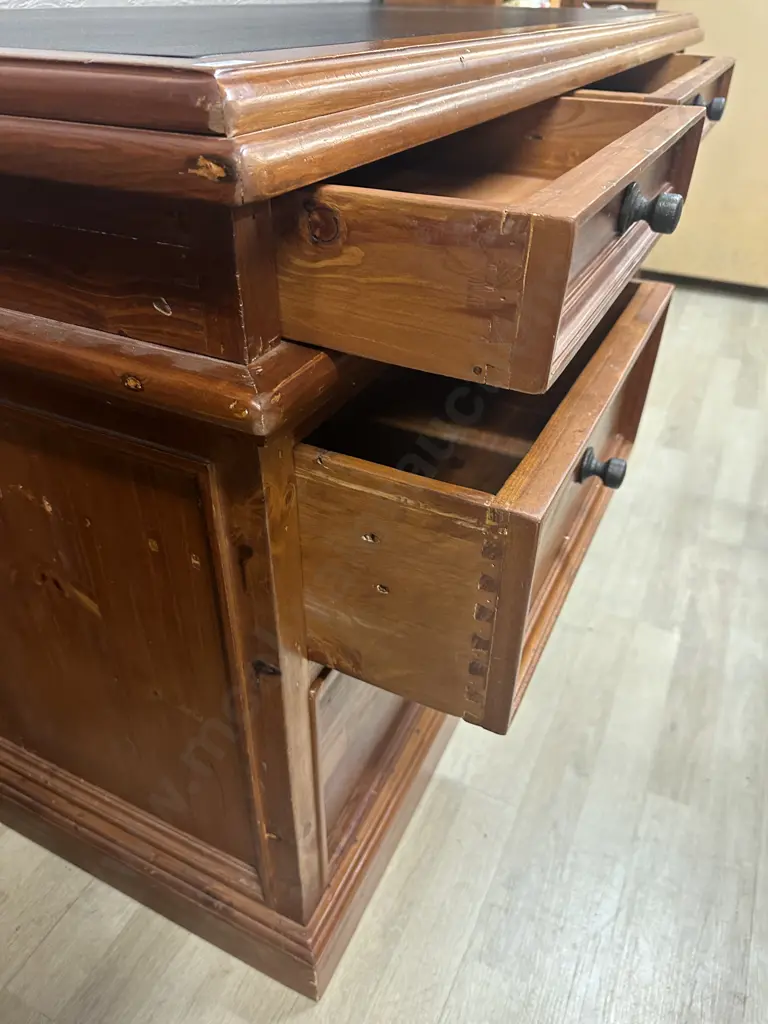5 Drawer Bankers Desk Rustic Solid Recycled Timber, Leather Writing Surface, Black Wrought Handles. H85 W155 D80cm Image 1++