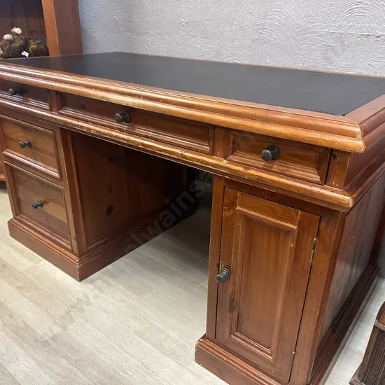 5 Drawer Bankers Desk Rustic Solid Recycled Timber, Leather Writing Surface, Black Wrought Handles. H85 W155 D80cm