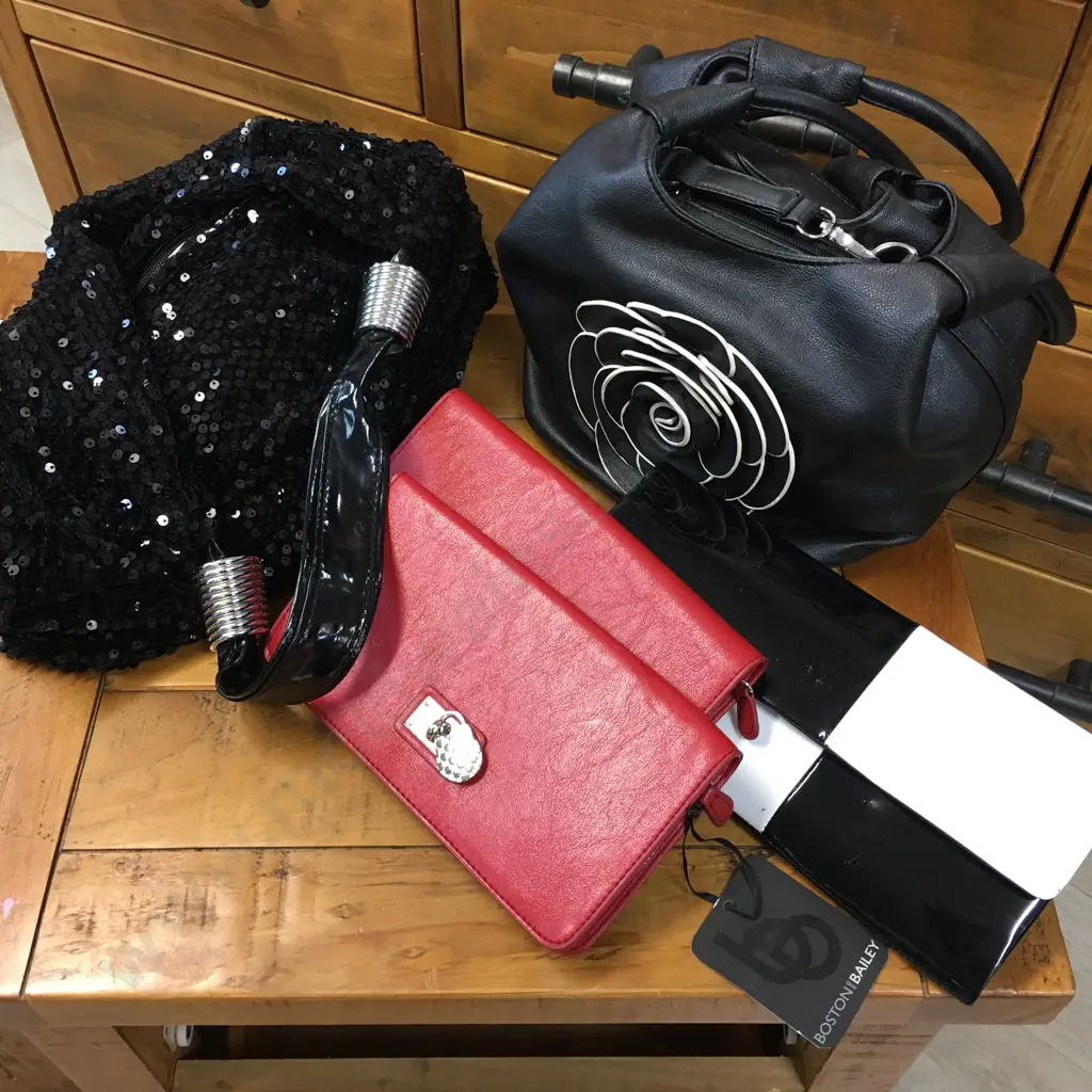 Zoes Handbag, Sequined Bag, Black & White Clutch, Red Boston & Bailey Purses x 2 Image 1++