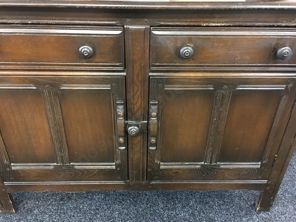 Vintage Ercol Windsor Elm Welsh Dresser, Lined Cutlery Drawer Insert, 2 Piece. H161 W123 D47cm Image 1++