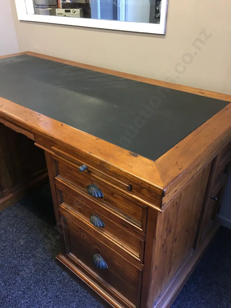 Irish Coast Office 6 Drawer Desk Rustic Solid Recycled Timber, Leather Writing Surface, Cupped Handles. H82 W174 D79cm Image 1++