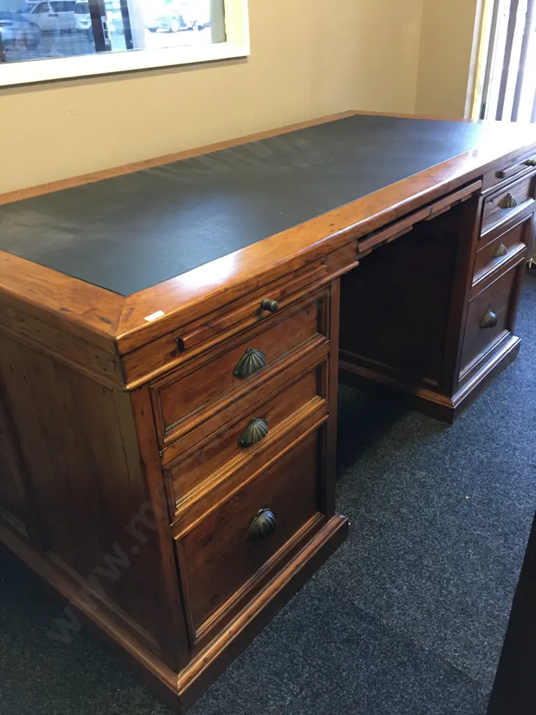 Irish Coast Office 6 Drawer Desk Rustic Solid Recycled Timber, Leather Writing Surface, Cupped Handles. H82 W174 D79cm Image 1++