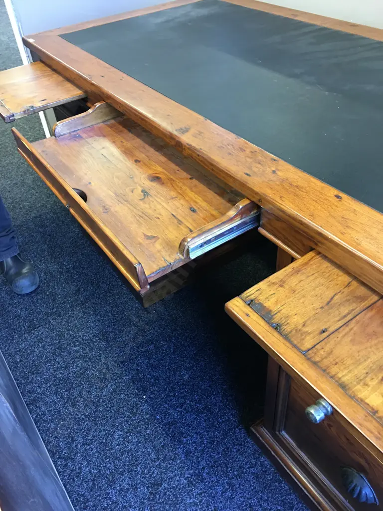 Irish Coast Office 6 Drawer Desk Rustic Solid Recycled Timber, Leather Writing Surface, Cupped Handles. H82 W174 D79cm Image 1++