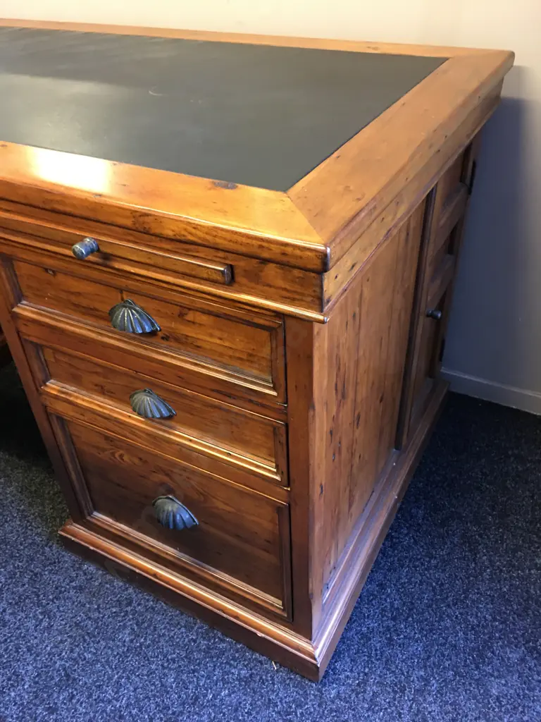 Irish Coast Office 6 Drawer Desk Rustic Solid Recycled Timber, Leather Writing Surface, Cupped Handles. H82 W174 D79cm Image 1++