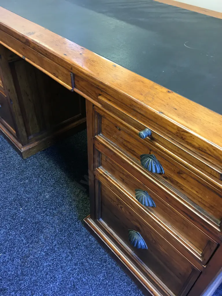 Irish Coast Office 6 Drawer Desk Rustic Solid Recycled Timber, Leather Writing Surface, Cupped Handles. H82 W174 D79cm Image 1++
