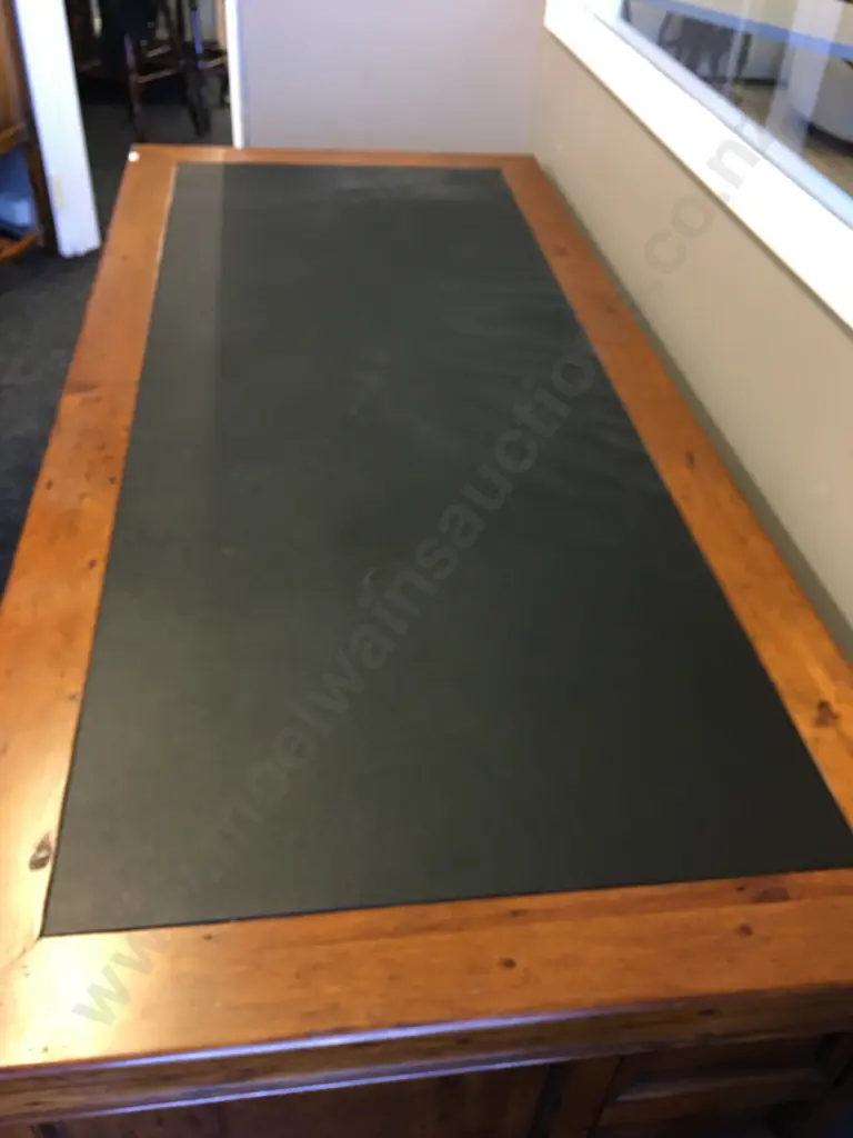 Irish Coast Office 6 Drawer Desk Rustic Solid Recycled Timber, Leather Writing Surface, Cupped Handles. H82 W174 D79cm Image 1++
