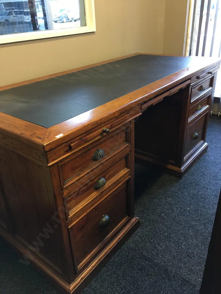Irish Coast Office 6 Drawer Desk Rustic Solid Recycled Timber, Leather Writing Surface, Cupped Handles. H82 W174 D79cm Image 1++