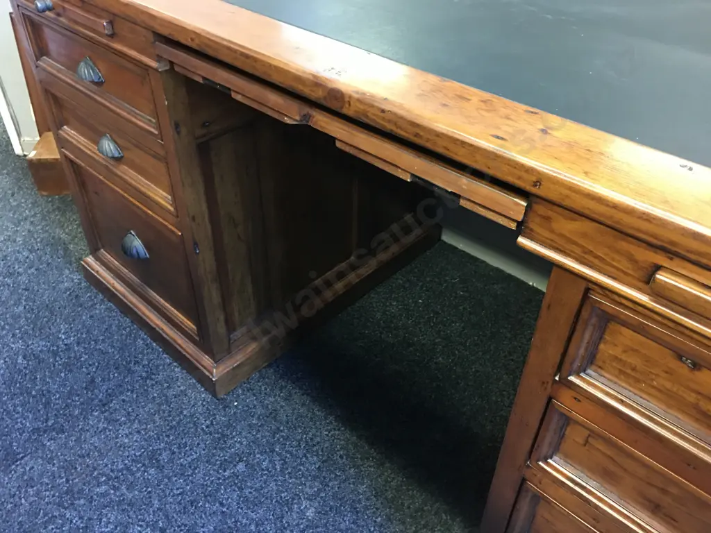 Irish Coast Office 6 Drawer Desk Rustic Solid Recycled Timber, Leather Writing Surface, Cupped Handles. H82 W174 D79cm Image 1++