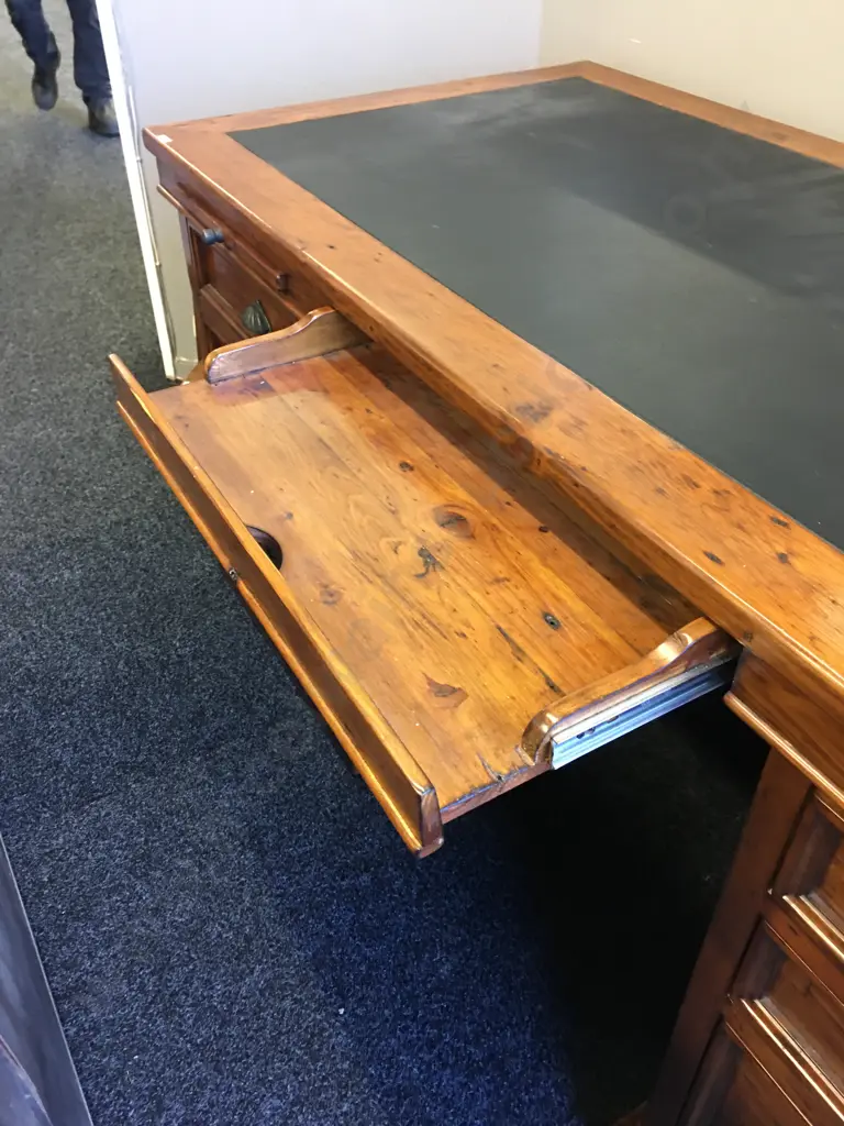 Irish Coast Office 6 Drawer Desk Rustic Solid Recycled Timber, Leather Writing Surface, Cupped Handles. H82 W174 D79cm Image 1++