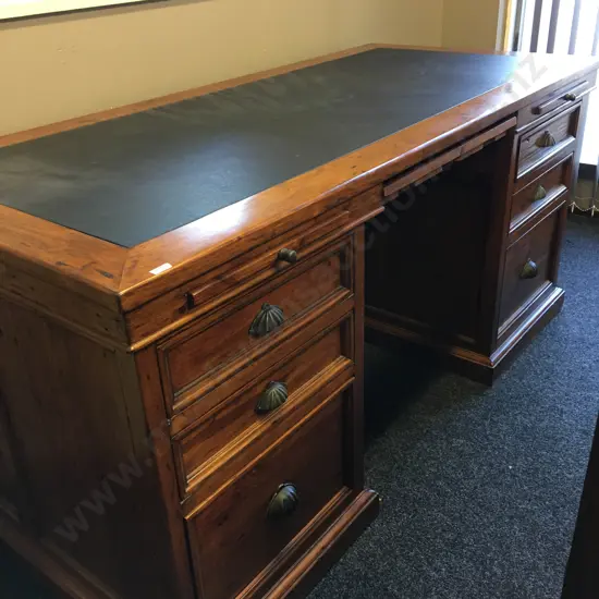 Irish Coast Office 6 Drawer Desk Rustic Solid Recycled Timber, Leather Writing Surface, Cupped Handles. H82 W174 D79cm
