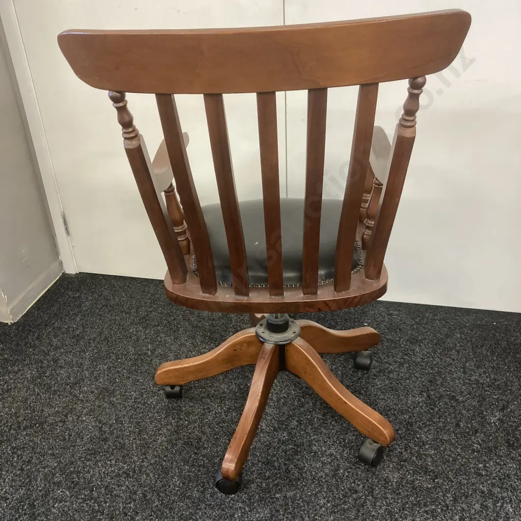 Vintage Swivel Rolling Wooden Metal Armed Bankers Desk Chair With Padded Seat Image 1++
