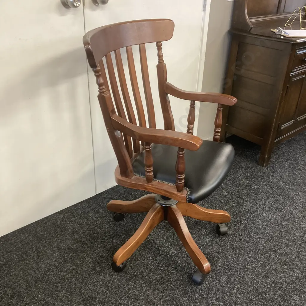 Vintage Swivel Rolling Wooden Metal Armed Bankers Desk Chair With Padded Seat Image 1++