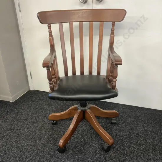 Vintage Swivel Rolling Wooden Metal Armed Bankers Desk Chair With Padded Seat