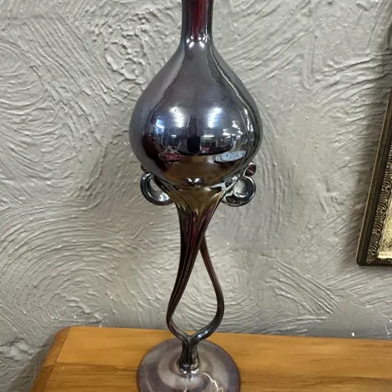 Vintage Jozefina Krosno Iridescent Art Glass Oil Lamp. H30cm