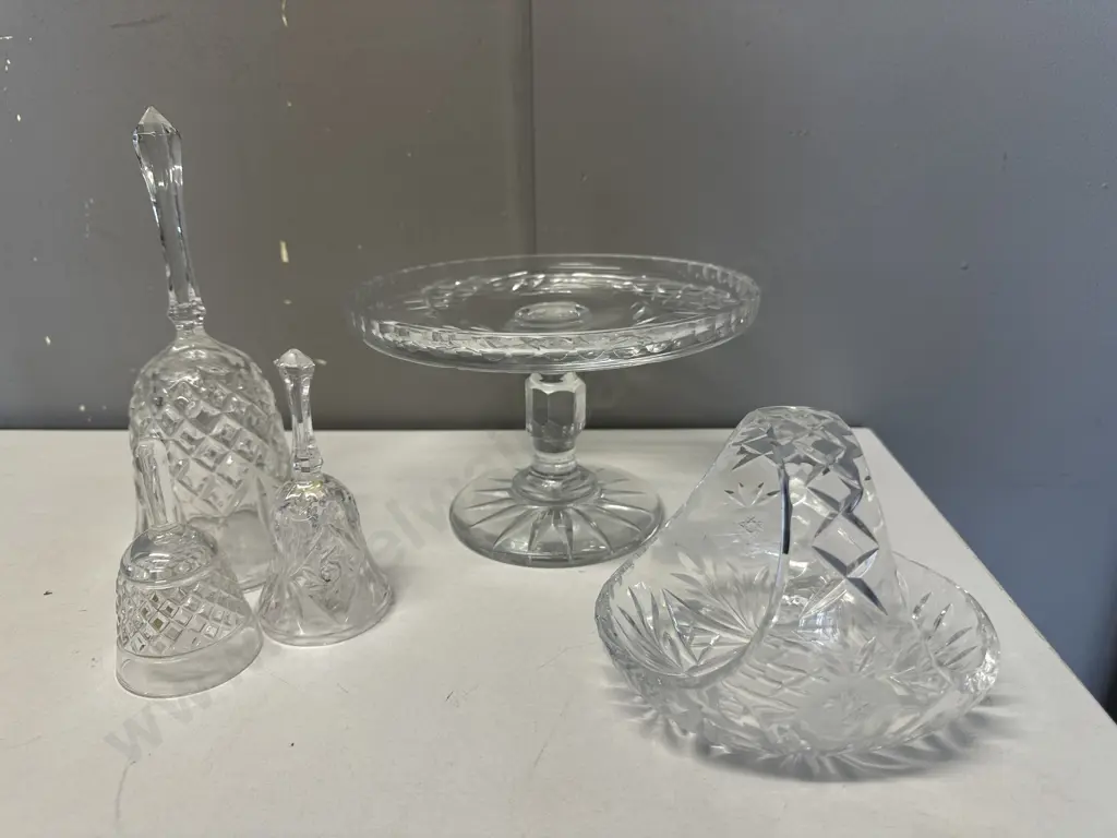 Vintage Crystal Footed Cake Plate, Basket & Assorted Bells Image 1++