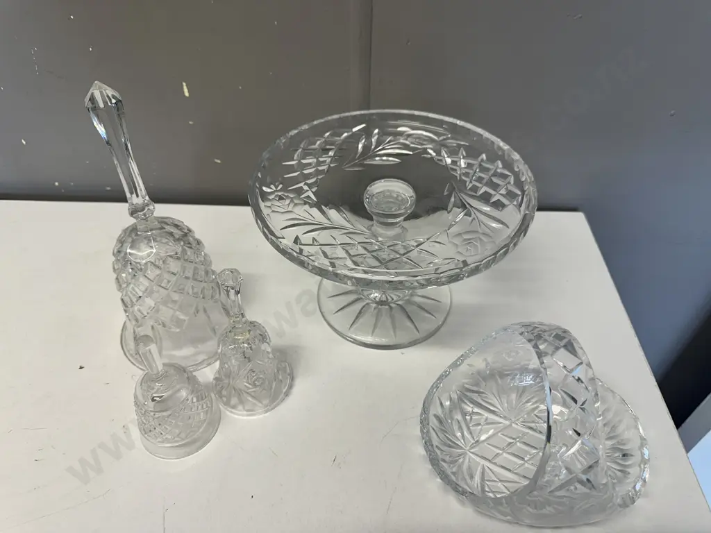 Vintage Crystal Footed Cake Plate, Basket & Assorted Bells Image 1++