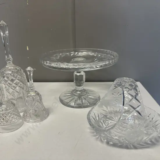 Vintage Crystal Footed Cake Plate, Basket & Assorted Bells