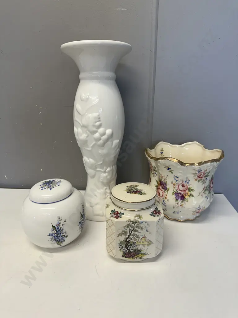 China Cannister x2 Including Sadler, Jardinere & White Embossed Vase (Unable to sell Donated) Image 1++