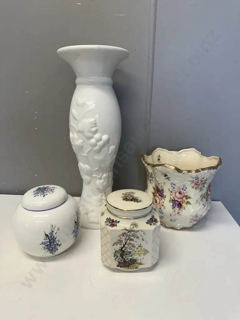 China Cannister x2 Including Sadler, Jardinere & White Embossed Vase (Unable to sell Donated) Image 1++