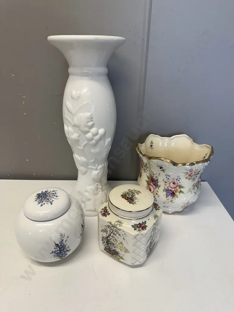 China Cannister x2 Including Sadler, Jardinere & White Embossed Vase (Unable to sell Donated) Image 1++