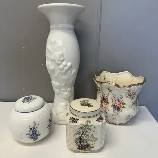China Cannister x2 Including Sadler, Jardinere & White Embossed Vase (Unable to sell Donated)