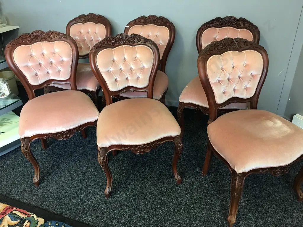 Set of 6 Queen Anne Mahogany Dining Chairs, Pink Draylon Upholstered Button Backed Image 1++