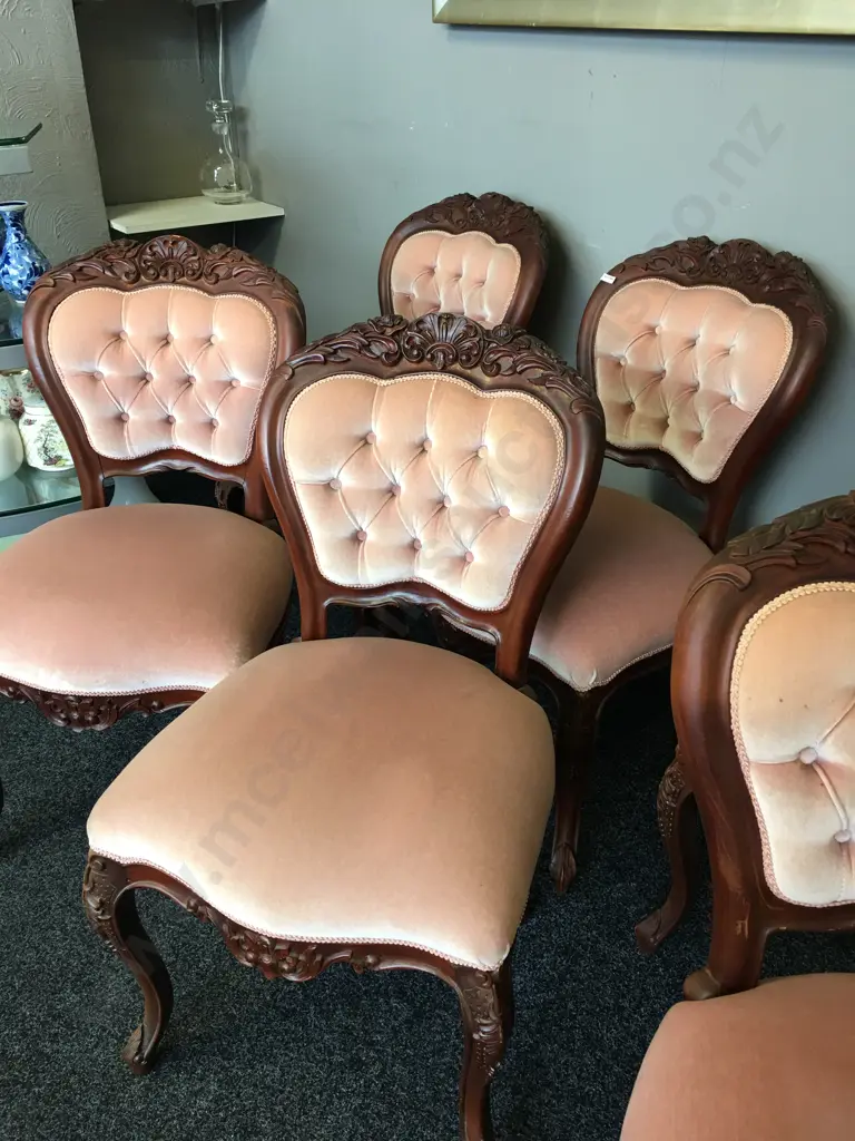 Set of 6 Queen Anne Mahogany Dining Chairs, Pink Draylon Upholstered Button Backed Image 1++