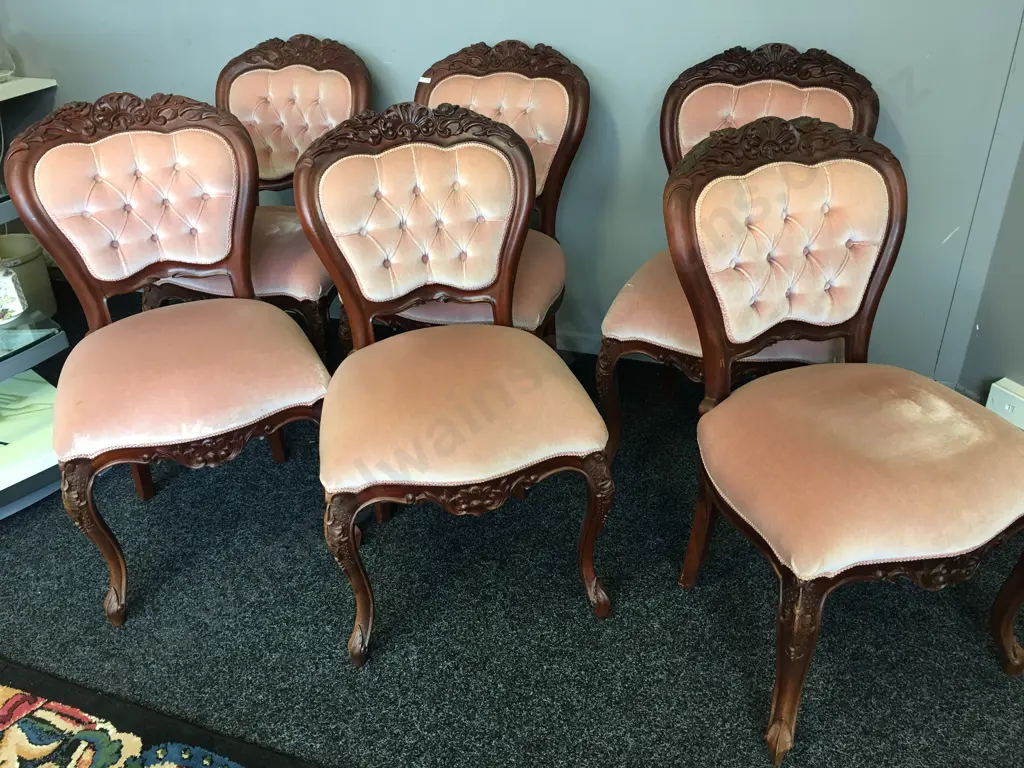 Set of 6 Queen Anne Mahogany Dining Chairs, Pink Draylon Upholstered Button Backed Image 1++