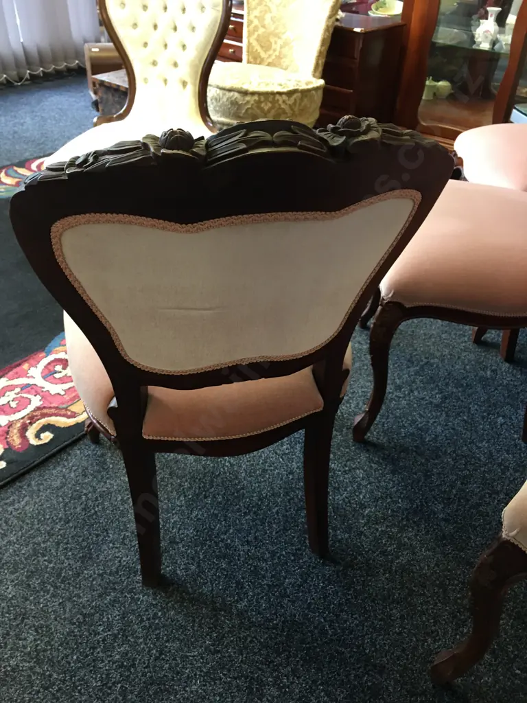 Set of 6 Queen Anne Mahogany Dining Chairs, Pink Draylon Upholstered Button Backed Image 1++