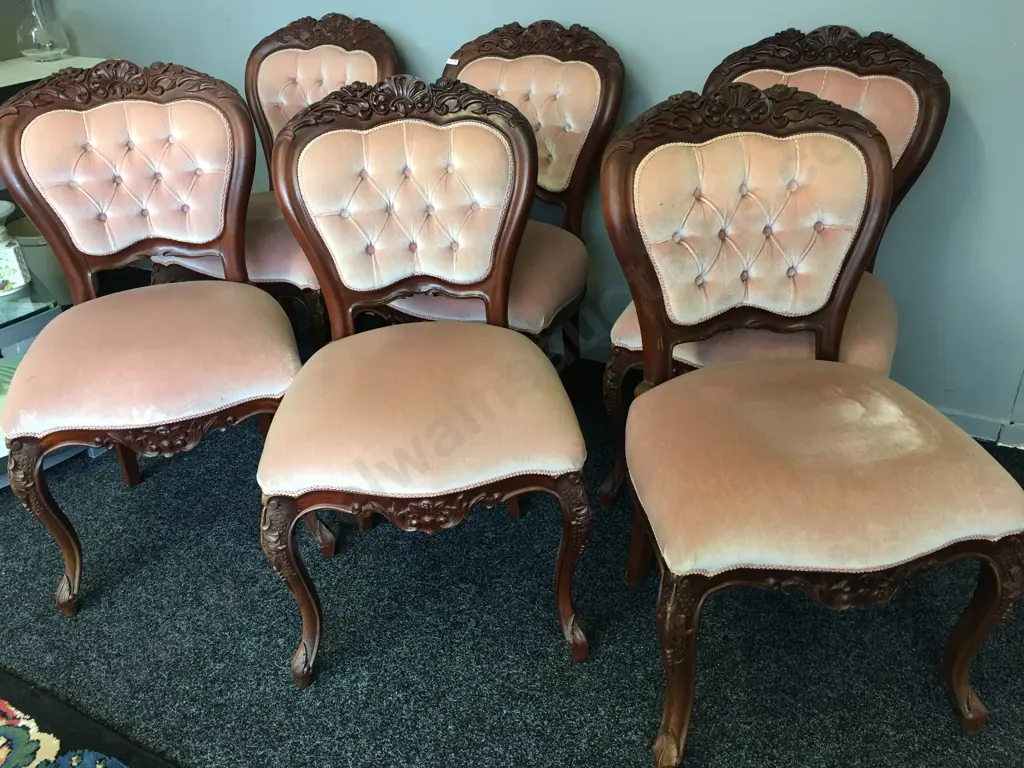 Set of 6 Queen Anne Mahogany Dining Chairs, Pink Draylon Upholstered Button Backed Image 1++