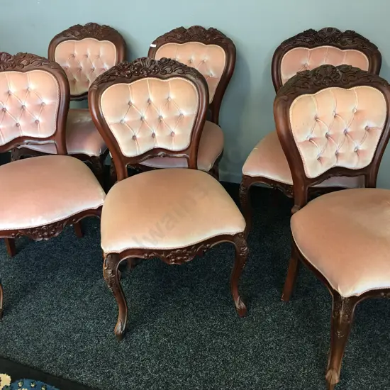 Set of 6 Queen Anne Mahogany Dining Chairs, Pink Draylon Upholstered Button Backed